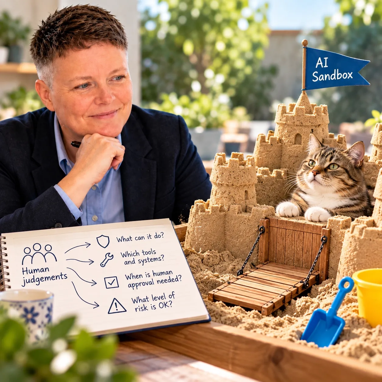 Jenny smiling beside a sandcastle with an 'AI Sandbox' flag and a cat peering over a wooden drawbridge. Her notebook links 'human judgements' to four questions: what can it do, which tools and systems, when is human approval needed, and what level of risk is OK.