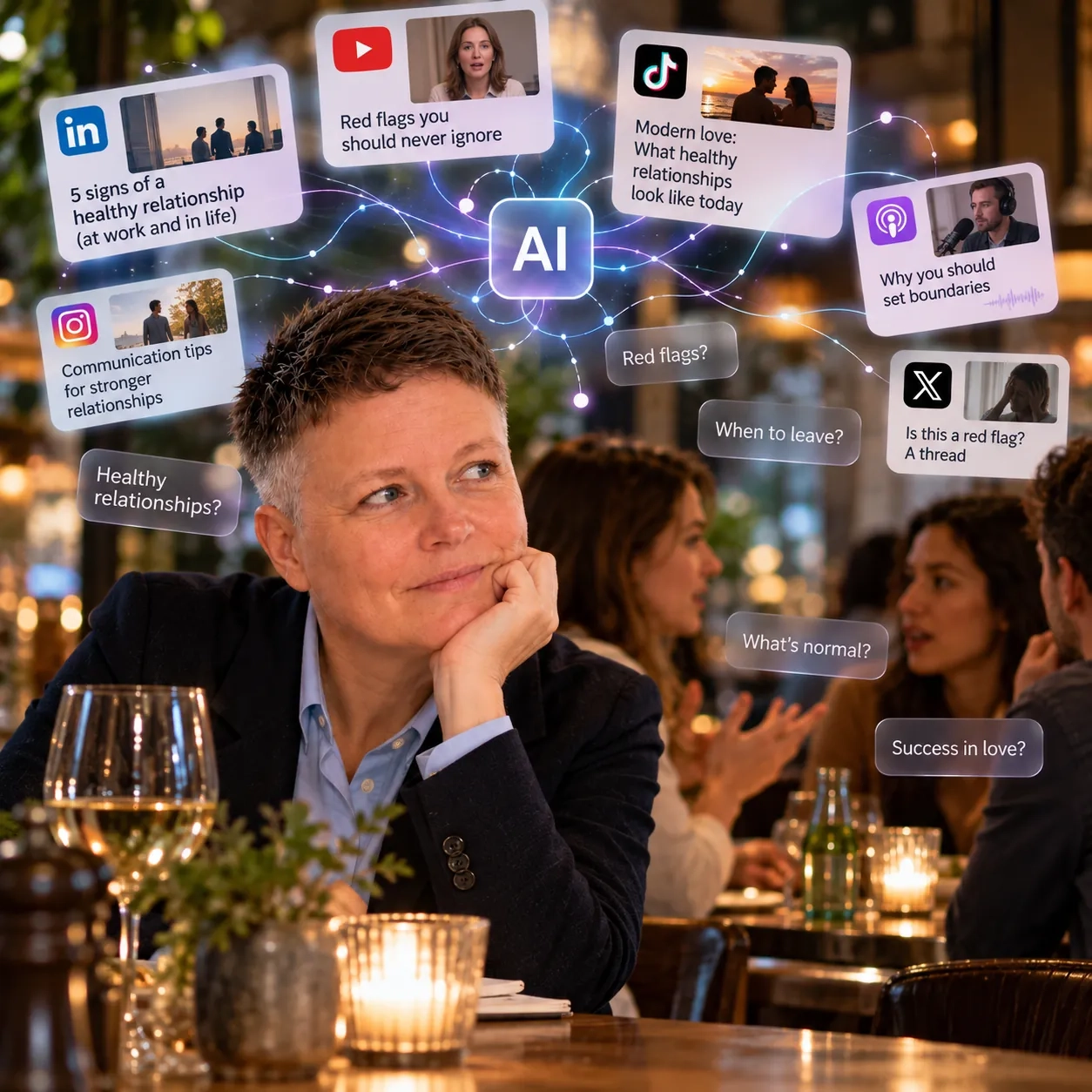 Jenny sits thoughtfully in a candlelit restaurant. Above her, an AI node is wired to social media posts about healthy relationships, red flags and boundaries, and to floating questions: What's normal? When to leave? Success in love? Healthy relationships?