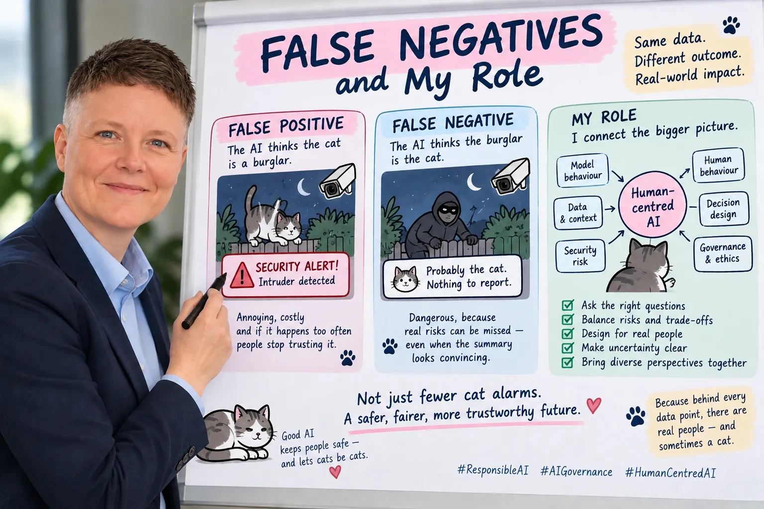 Jenny at a flipchart titled 'False negatives and my role'. A false positive panel shows a cat triggering an intruder alert; a false negative panel shows a burglar dismissed as 'probably the cat'. A third panel, 'My role: I connect the bigger picture', links model behaviour, data and context, security risk, human behaviour, decision design, and governance and ethics to human-centred AI.
