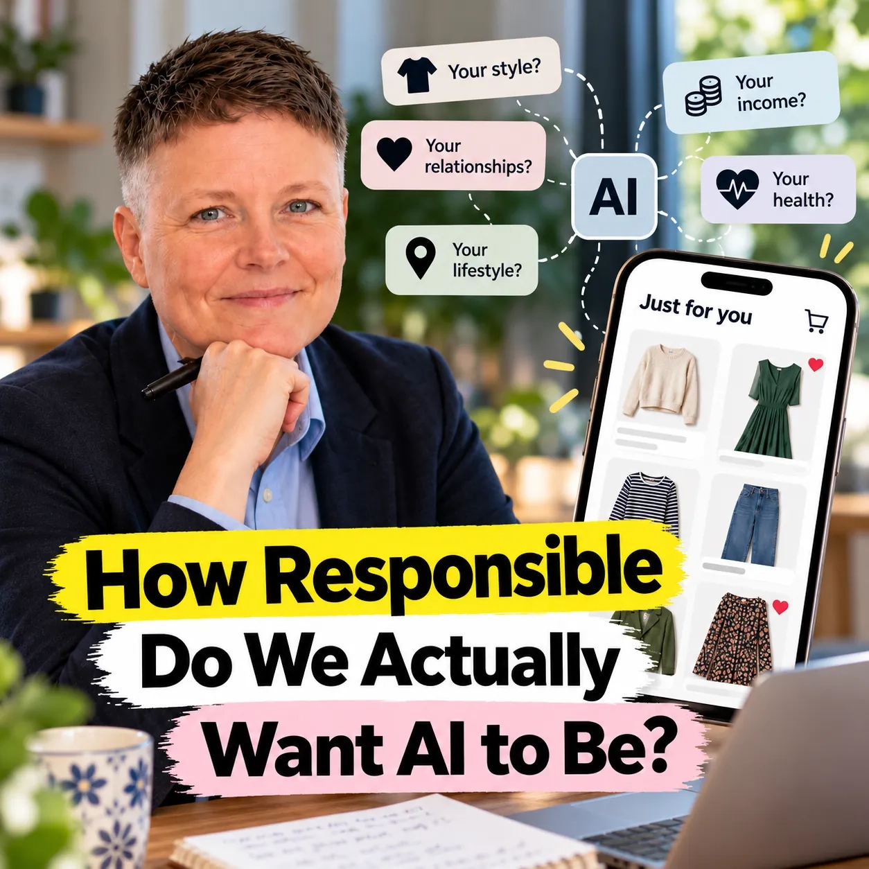 Jenny resting her chin on her hand next to a phone showing a 'Just for you' clothing feed. Dotted lines connect an AI node to questions about your style, relationships, lifestyle, income and health. Bold caption: 'How responsible do we actually want AI to be?'