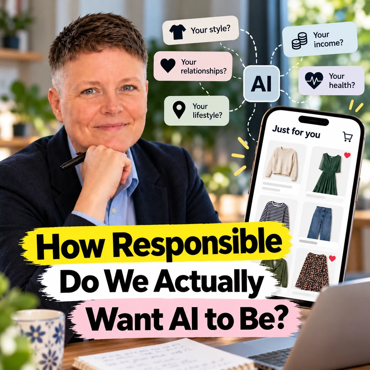 Jenny resting her chin on her hand next to a phone showing a 'Just for you' clothing feed. Dotted lines connect an AI node to questions about your style, relationships, lifestyle, income and health. Bold caption: 'How responsible do we actually want AI to be?'