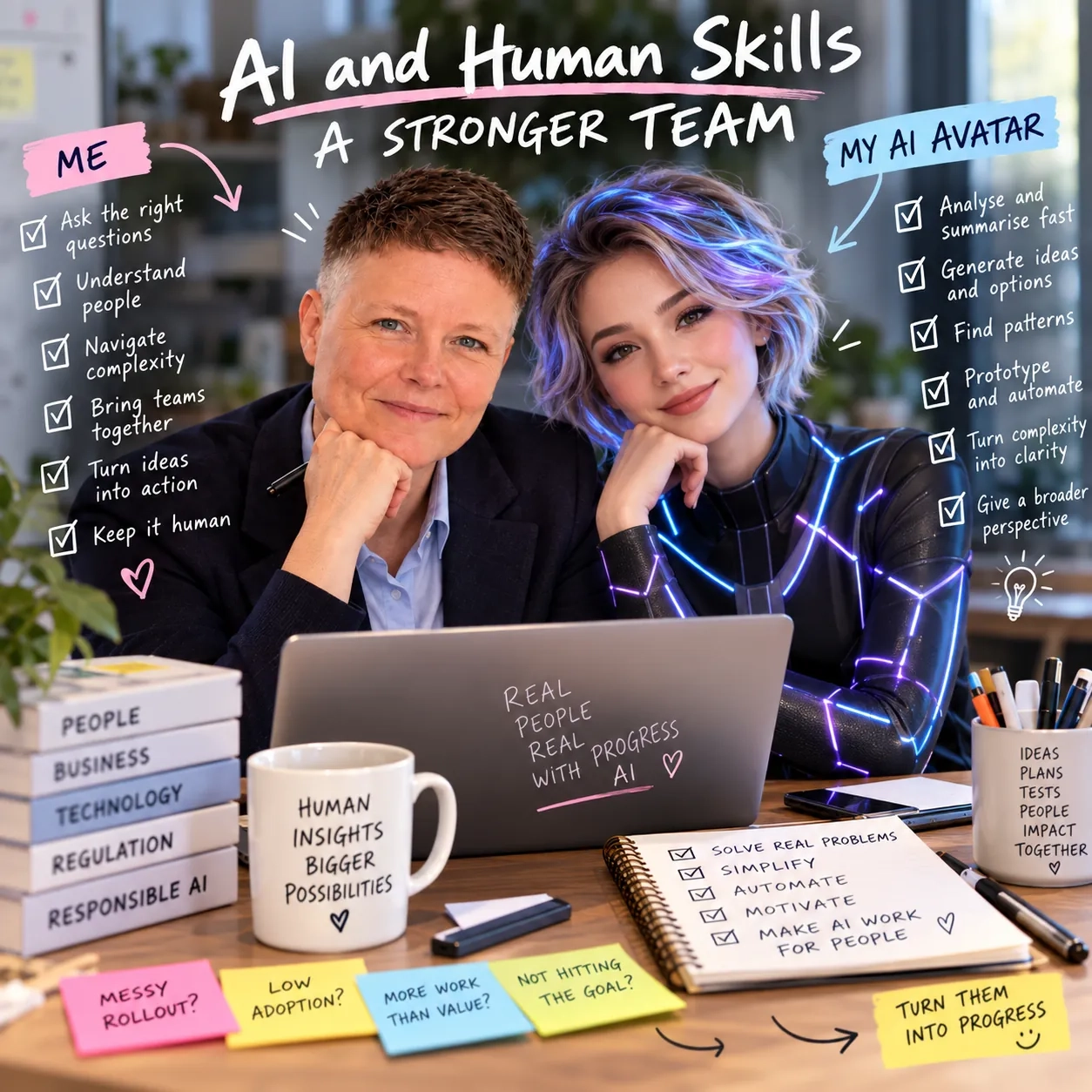 Jenny sits beside her AI avatar, who has glowing violet hair and a light-lined suit, under the heading 'AI and human skills: a stronger team'. Jenny's list includes ask the right questions, understand people and keep it human; the avatar's list includes analyse and summarise fast and prototype and automate. Sticky notes read 'Messy rollout?', 'Low adoption?', 'More work than value?' and 'Turn them into progress'.