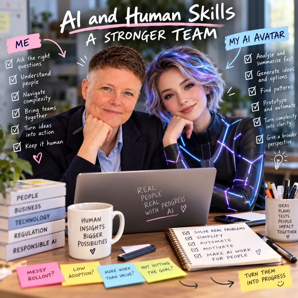Jenny sits beside her AI avatar, who has glowing violet hair and a light-lined suit, under the heading 'AI and human skills: a stronger team'. Jenny's list includes ask the right questions, understand people and keep it human; the avatar's list includes analyse and summarise fast and prototype and automate. Sticky notes read 'Messy rollout?', 'Low adoption?', 'More work than value?' and 'Turn them into progress'.