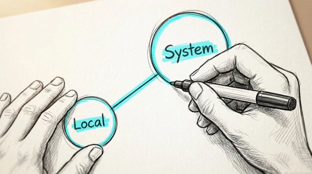Hand-drawn sketch of two cyan-highlighted circles labelled Local and System, joined by a line, as hands finish drawing the System circle on paper.