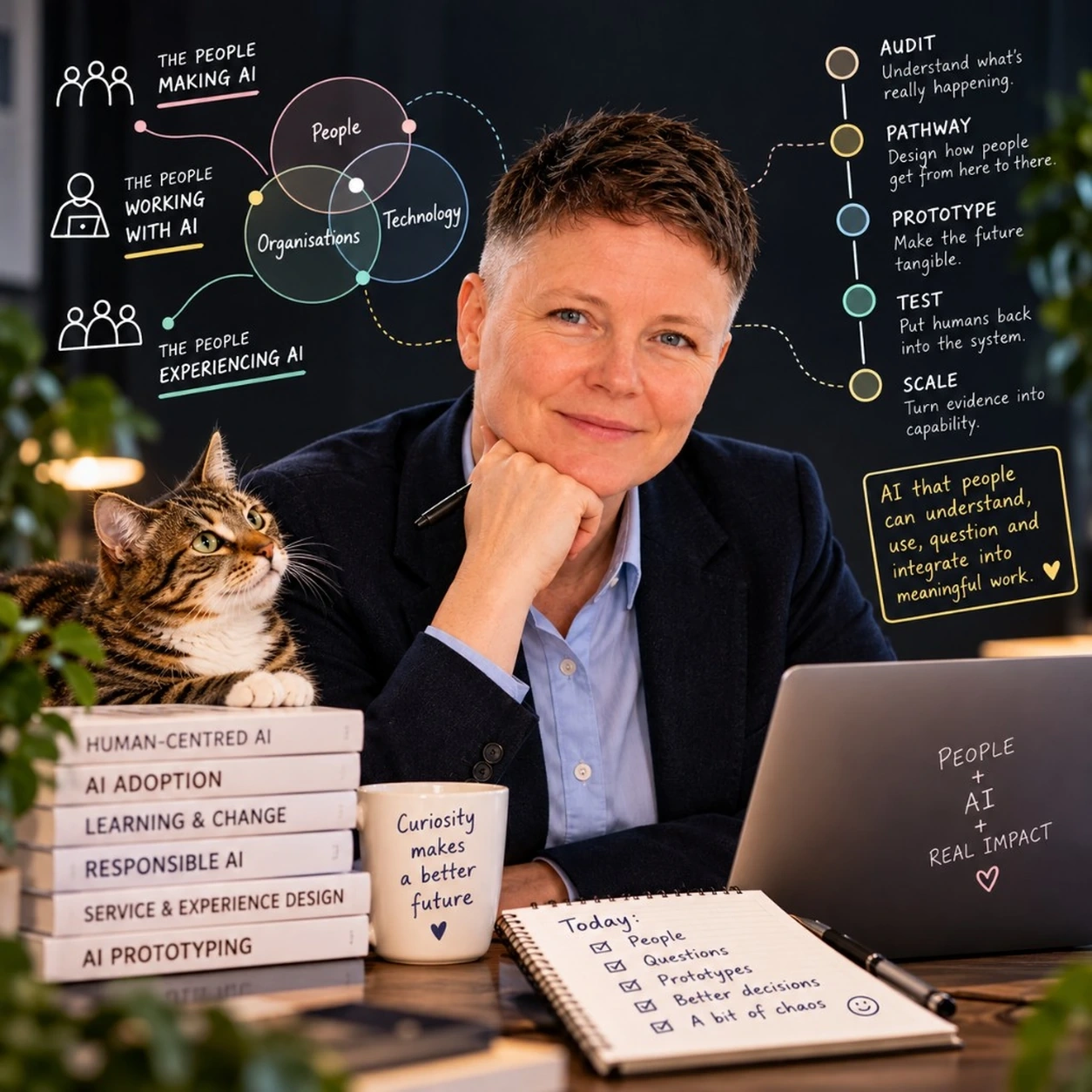 Jenny at her desk, chin on her hand, smiling, with a tabby cat beside her on a stack of books labelled human-centred AI, AI adoption, learning and change, responsible AI, service and experience design, and AI prototyping. Hand-drawn notes behind her show the people making, working with and experiencing AI around overlapping circles for people, organisations and technology, and the five steps audit, pathway, prototype, test and scale. Her notebook reads: Today: people, questions, prototypes, better decisions, a bit of chaos.
