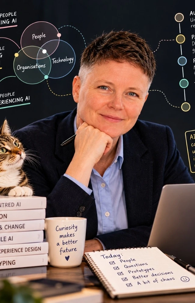 Jenny Simonds-Spellmann at her desk, smiling, chin resting on her hand, with a mug that reads 'Curiosity makes a better future', a notebook and a laptop. Hand-drawn circles for people, organisations and technology float behind her.